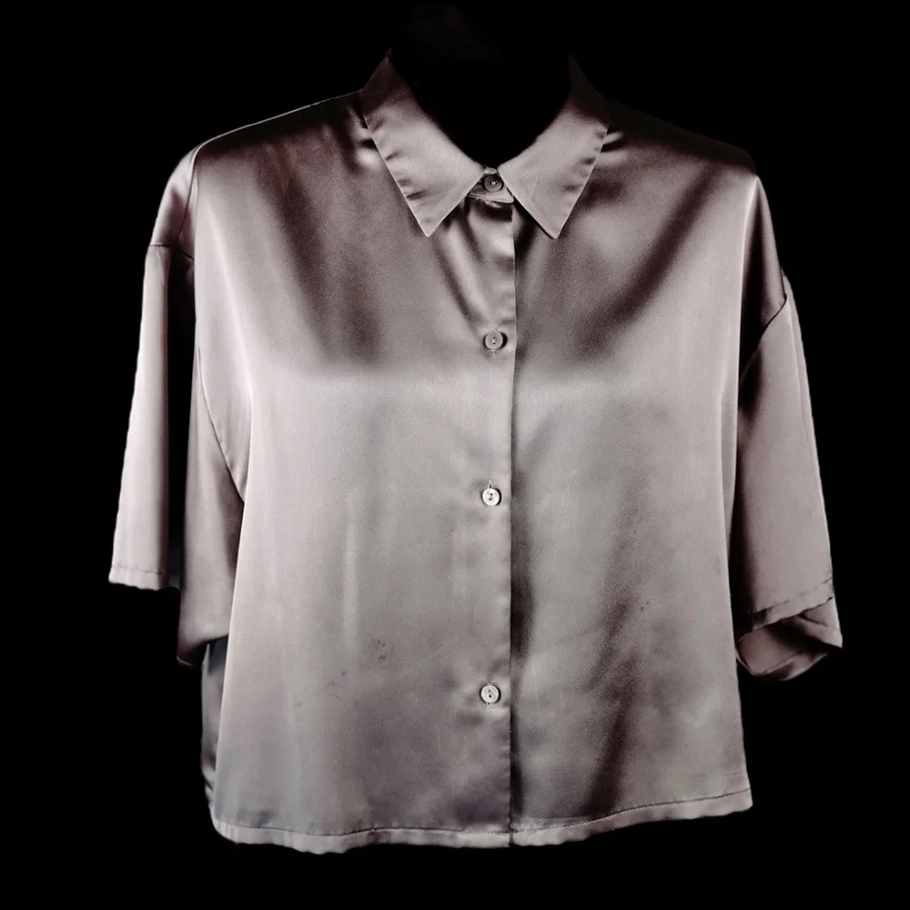 Abercrombie & Fitch Womens Gray Satin Button-Down Blouse Short Sleeve Size L - Picture 4 of 15